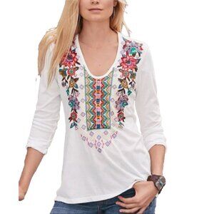 JOHNNY WAS Boho Embroided Colorful White Floral T-shirt Top S